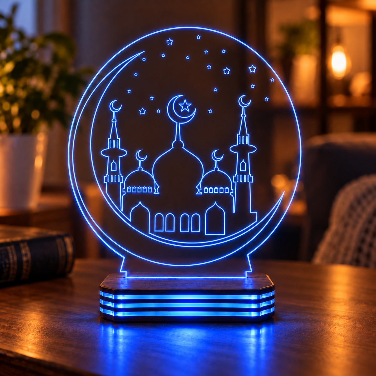 Kişiye Özel Hilal ve Cami Tasarımlı Gece Lambası — mavi