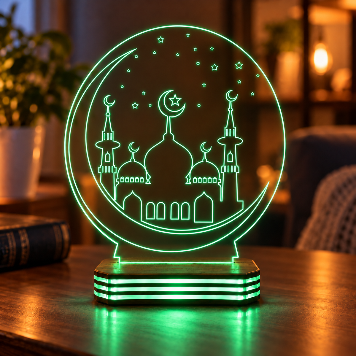 Kişiye Özel Hilal ve Cami Tasarımlı Gece Lambası — yesil