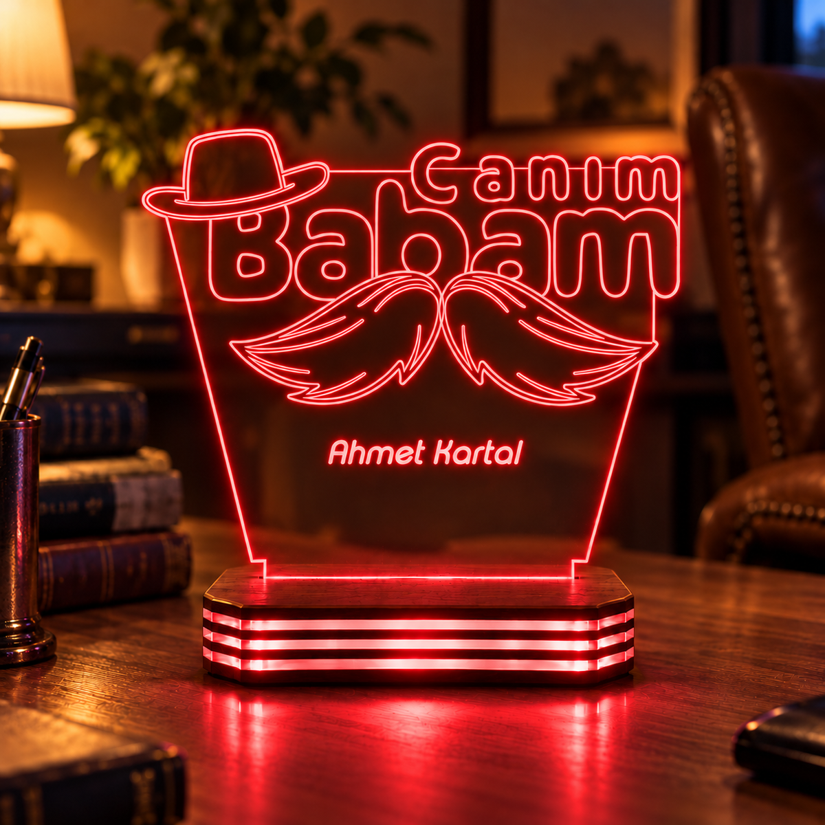 Canım Babam Şapka Tasarımlı İsimli Gece Lambası — kirmizi