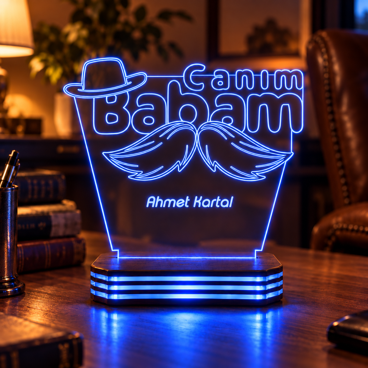 Canım Babam Şapka Tasarımlı İsimli Gece Lambası — mavi