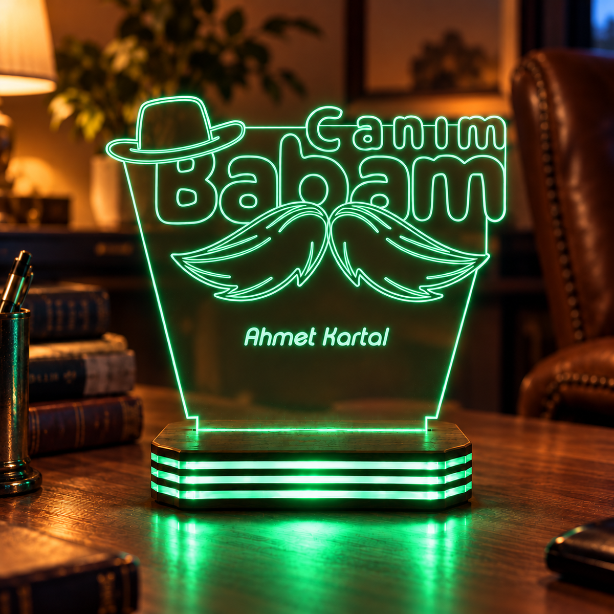 Canım Babam Şapka Tasarımlı İsimli Gece Lambası — yesil