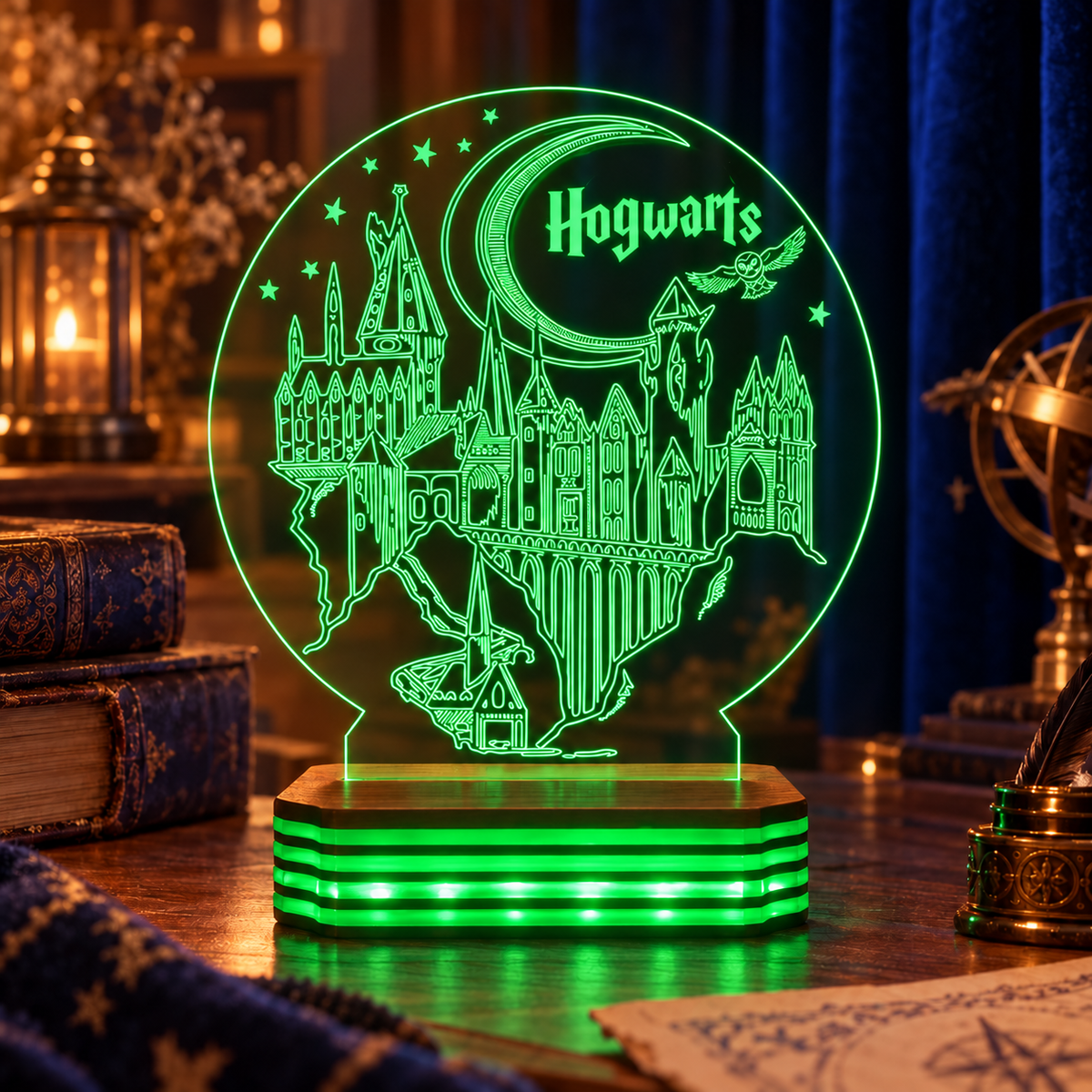 Kişiye Özel Hogwarts Şato Tasarımlı LED Gece Lambası — Yeşil