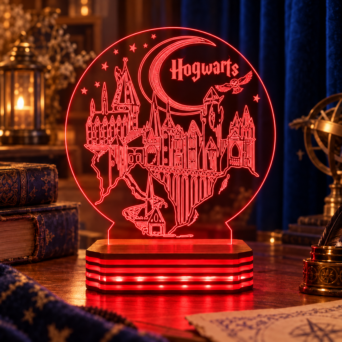 Kişiye Özel Hogwarts Şato Tasarımlı LED Gece Lambası — Kırmızı