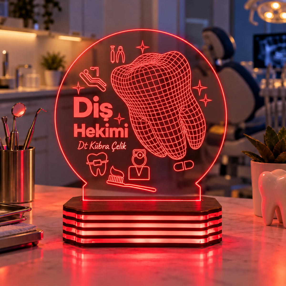 Diş Hekimine Özel Diş Tasarımlı LED Gece Lambası — Kırmızı