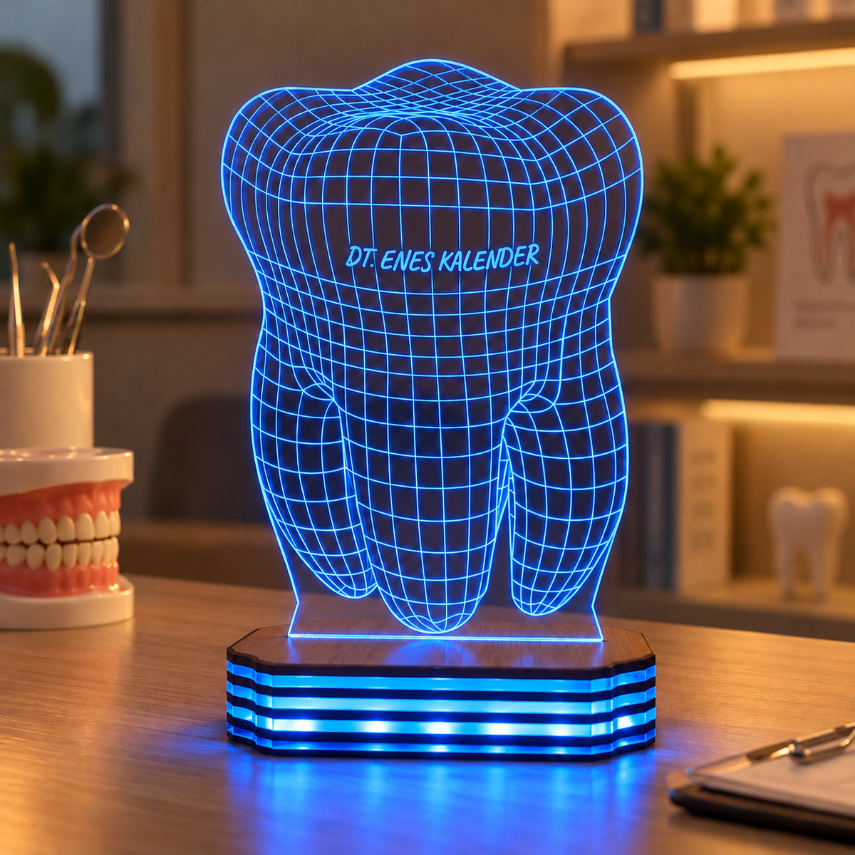 Diş Hekimine Özel 3D Görünümlü Diş LED Gece Lambası — Mavi