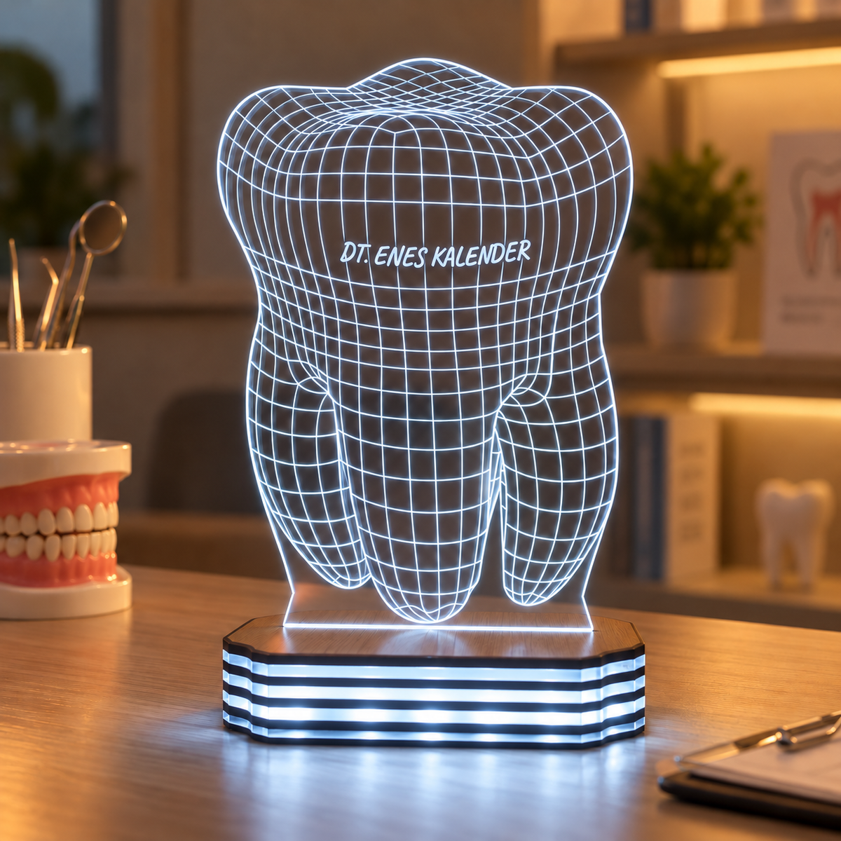Diş Hekimine Özel 3D Görünümlü Diş LED Gece Lambası — Soğuk Beyaz