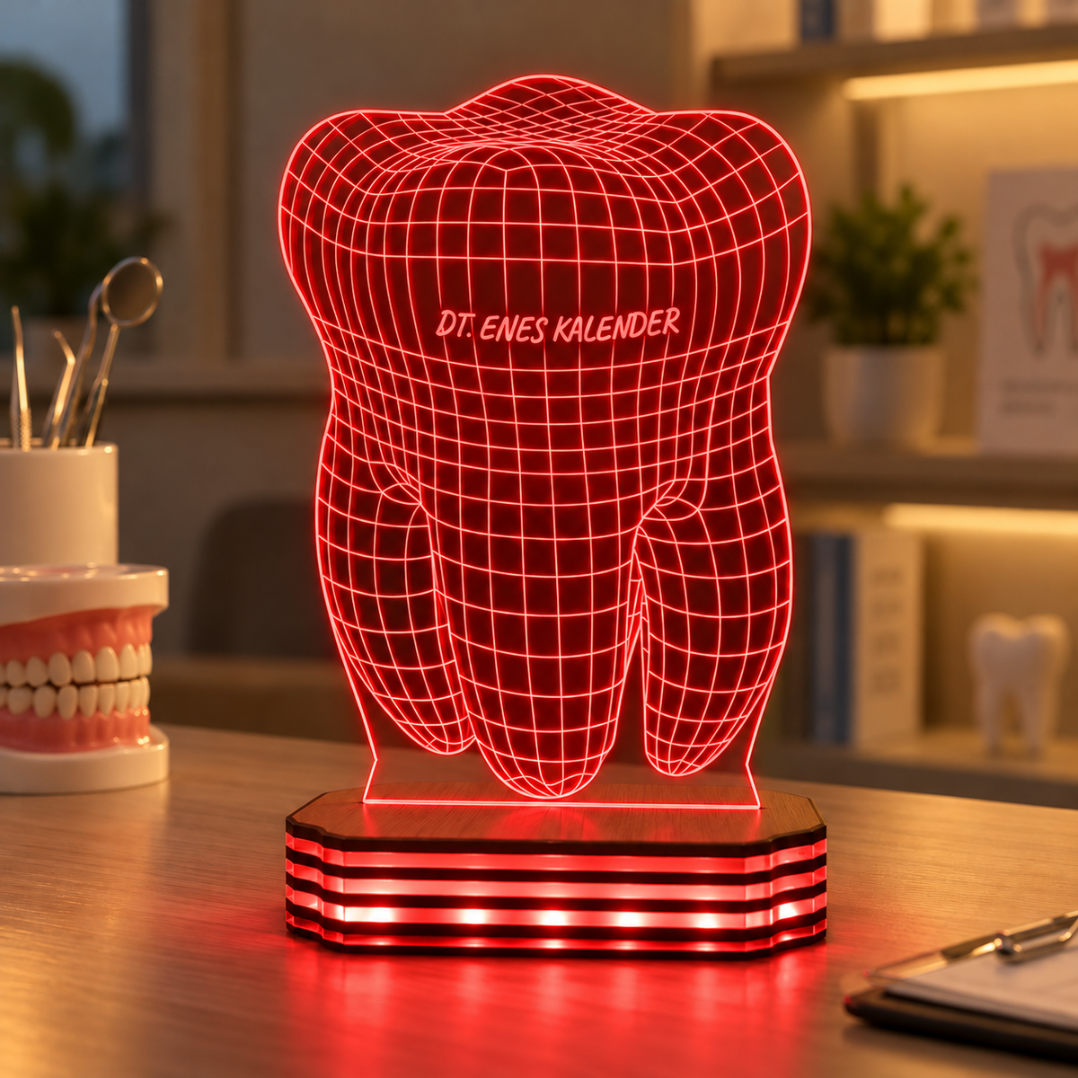 Diş Hekimine Özel 3D Görünümlü Diş LED Gece Lambası — Kırmızı