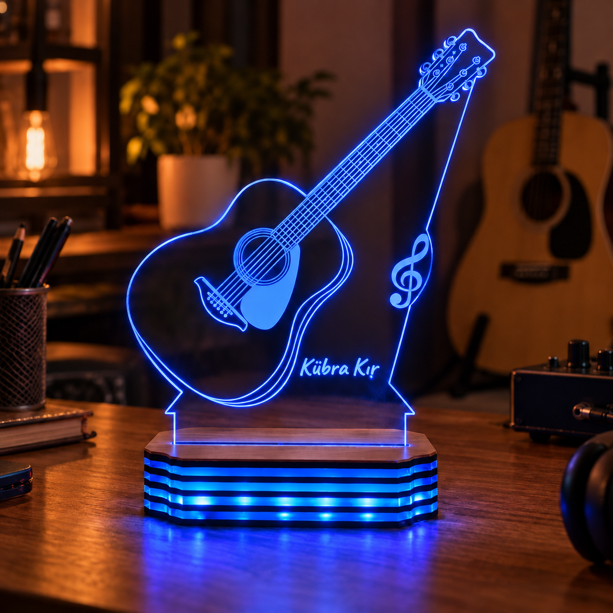 İsme Özel Gitar Tasarımlı LED Gece Lambası — Mavi