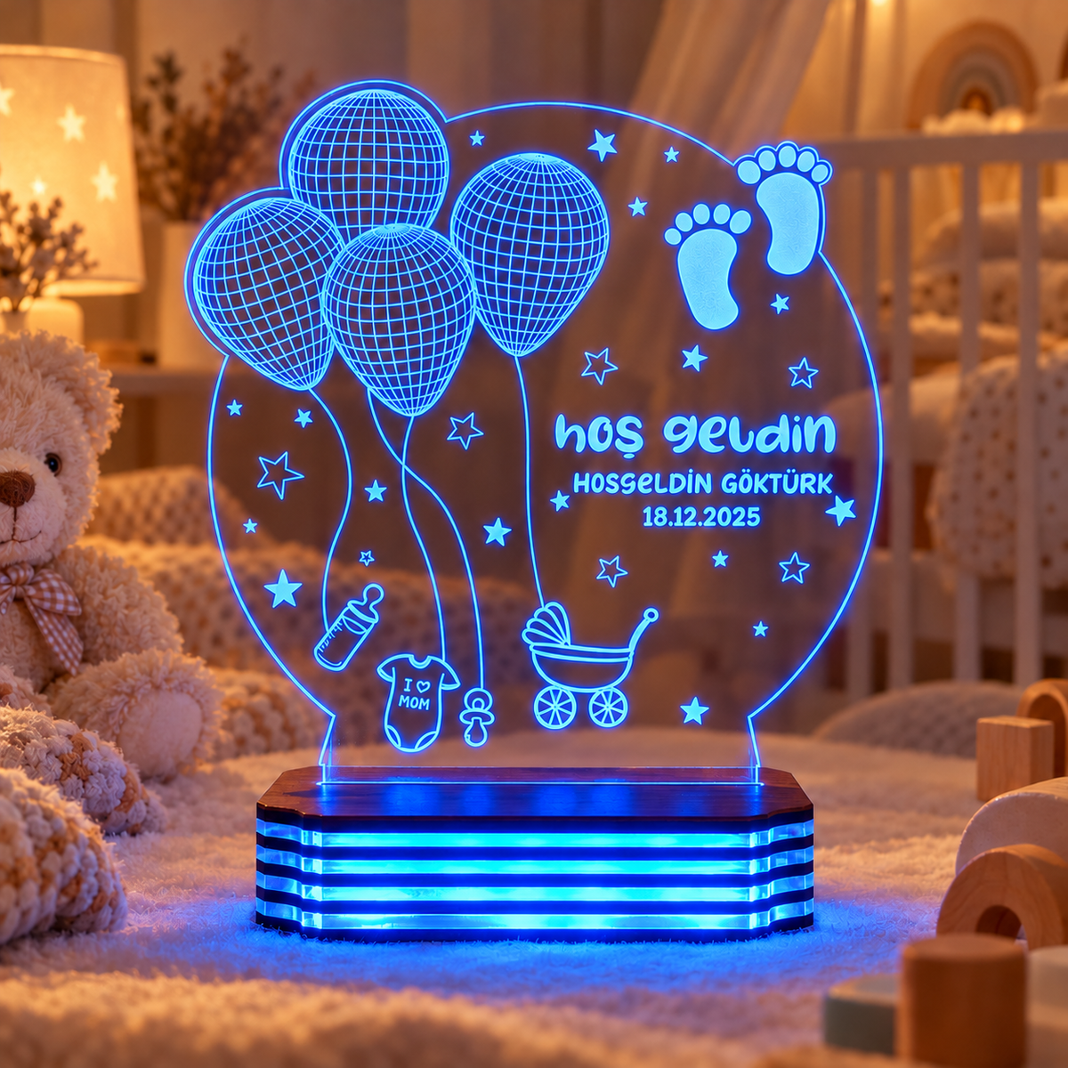İsme Özel Hoş Geldin Bebek LED Gece Lambası — Mavi