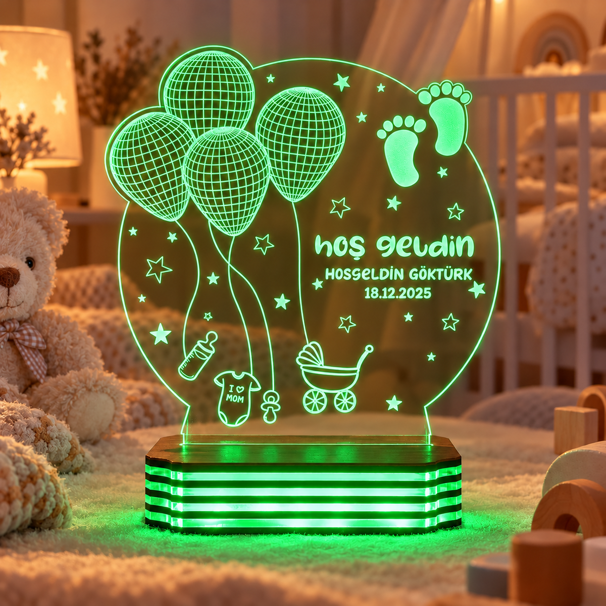 İsme Özel Hoş Geldin Bebek LED Gece Lambası — Yeşil