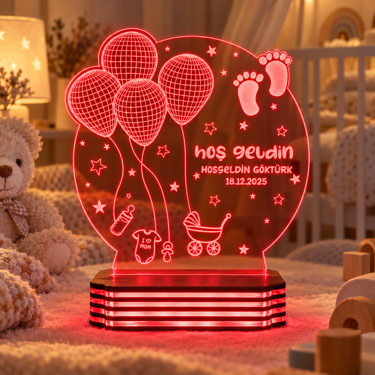 İsme Özel Hoş Geldin Bebek LED Gece Lambası — Kırmızı