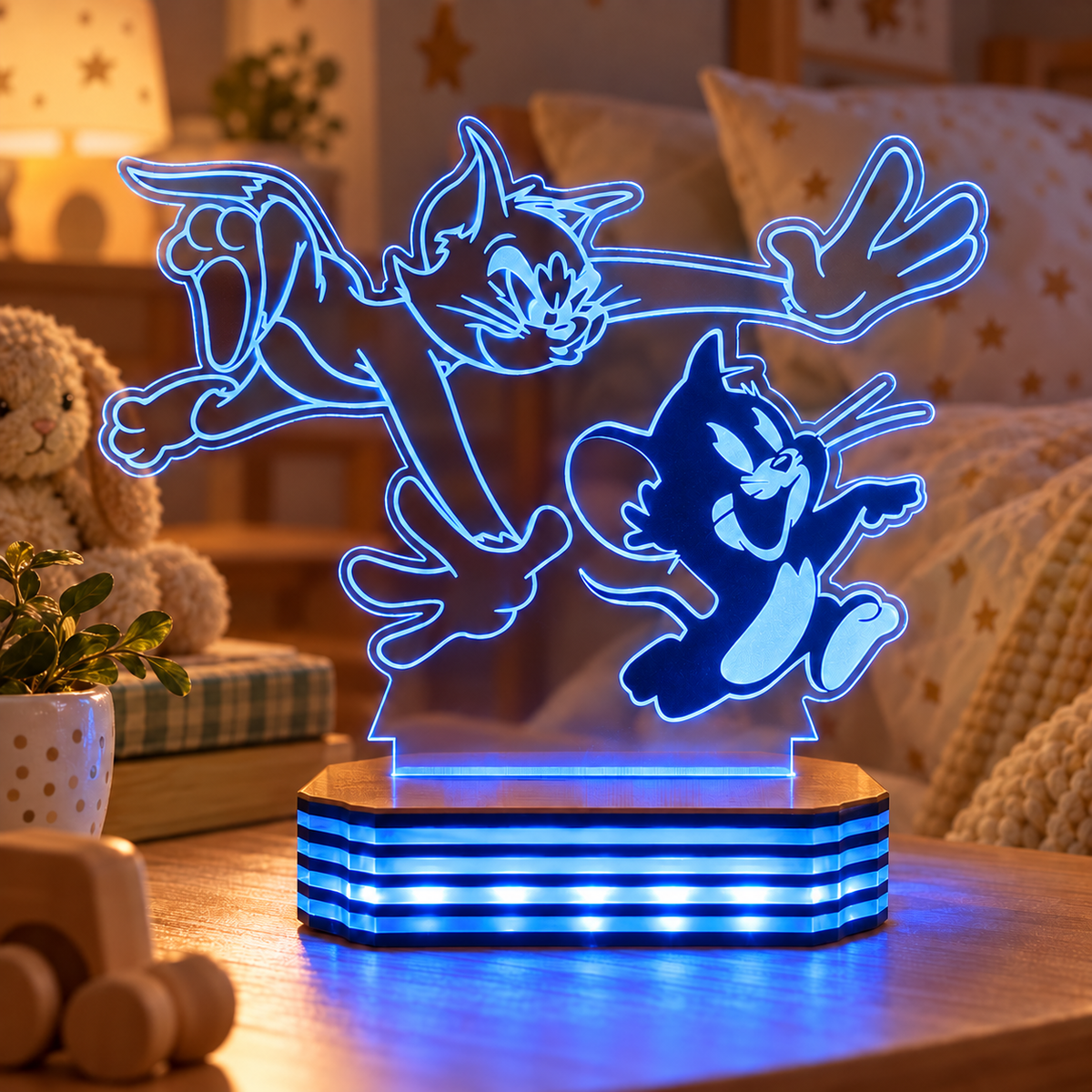 Kişiye Özel Tom ve Jerry Tasarımlı LED Gece Lambası — Mavi