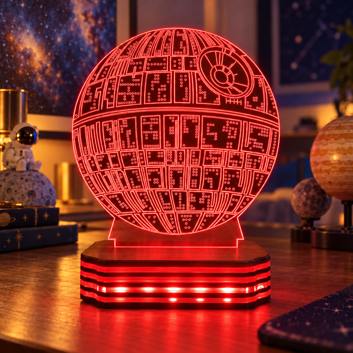 Kişiye Özel Death Star Tasarımlı LED Gece Lambası — Kırmızı
