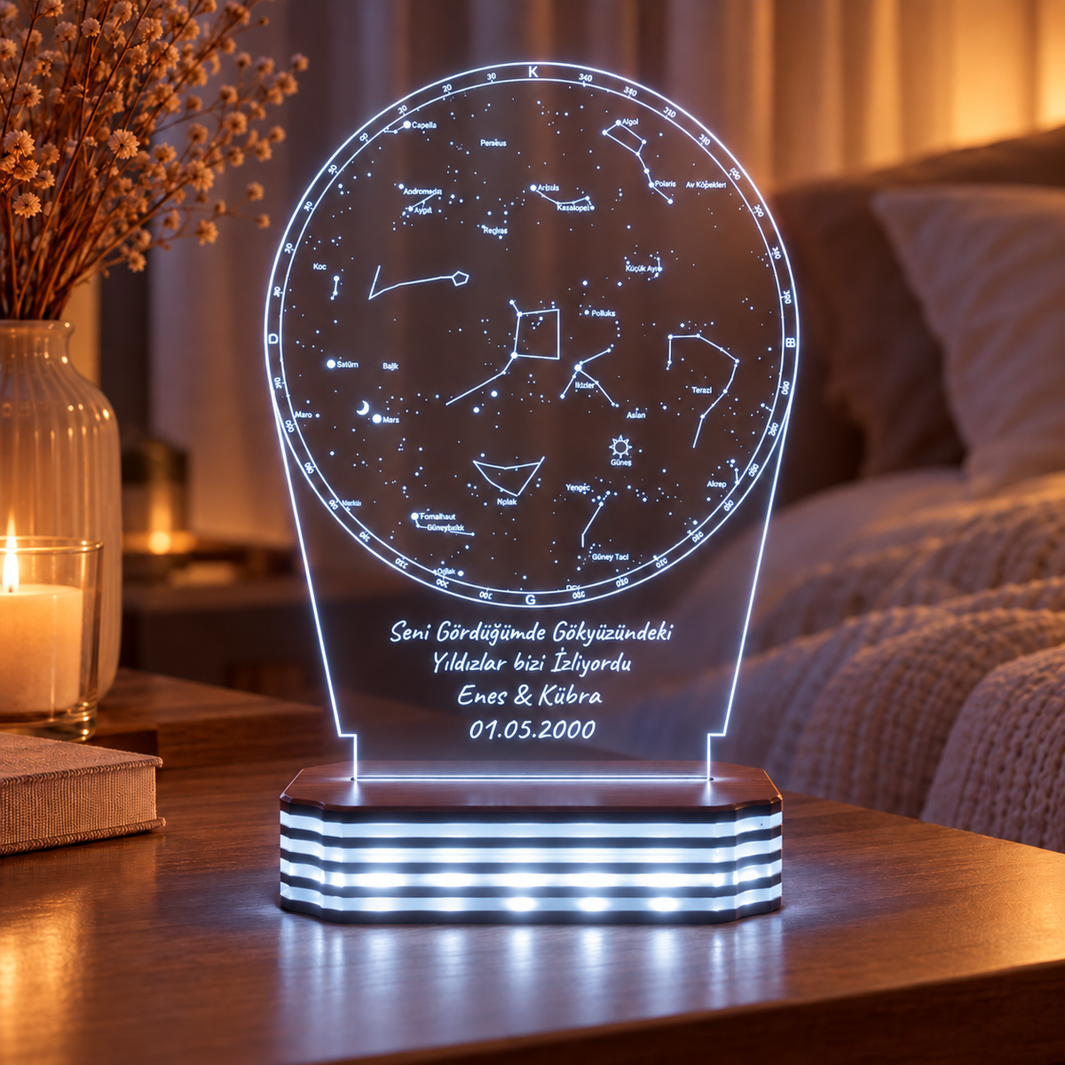 Kişiye Özel Yıldız Haritası LED Gece Lambası — Soğuk Beyaz