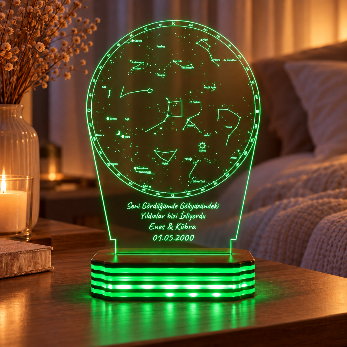 Kişiye Özel Yıldız Haritası LED Gece Lambası — Yeşil