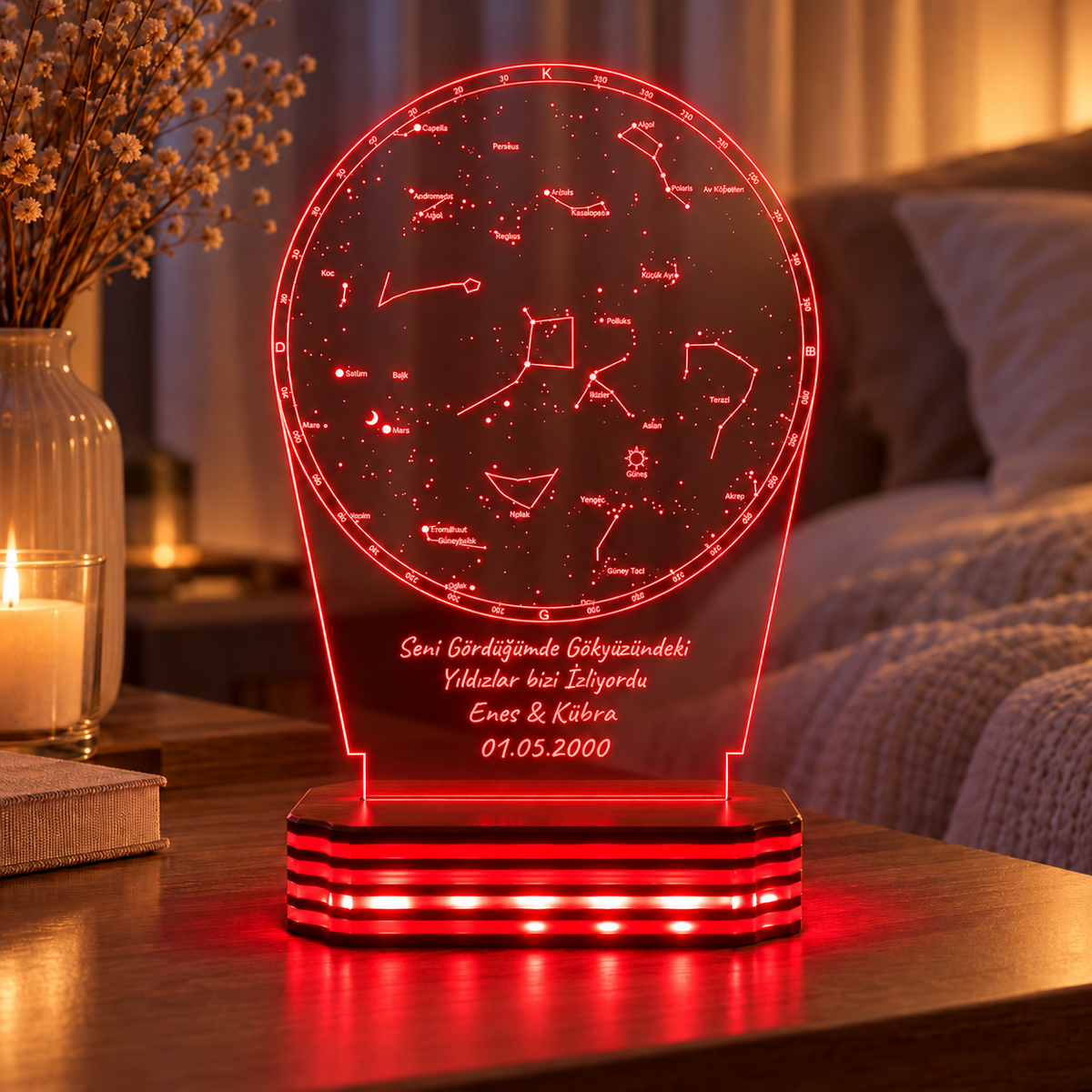 Kişiye Özel Yıldız Haritası LED Gece Lambası — Kırmızı
