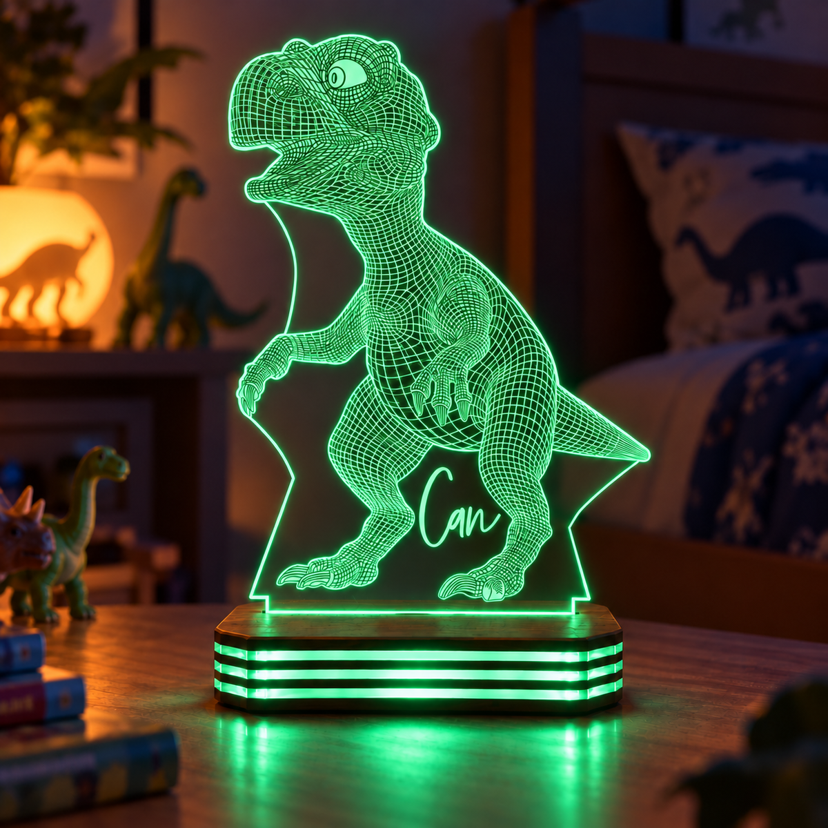 İsme Özel Dinozor Tasarımlı Gece Lambası — yesil