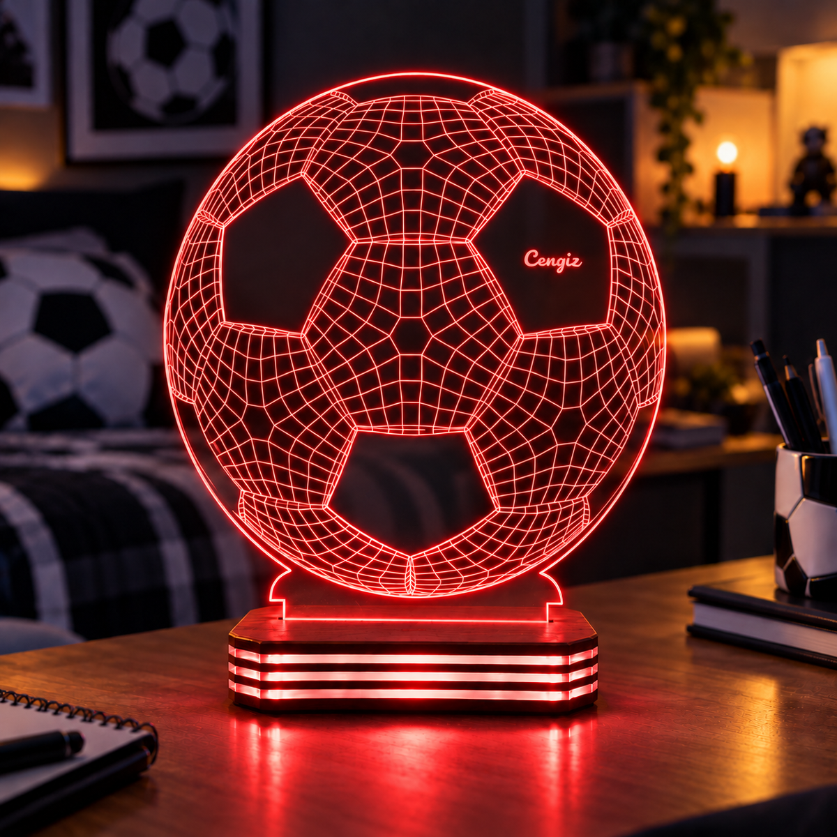 İsme Özel Futbol Topu Gece Lambası — kirmizi