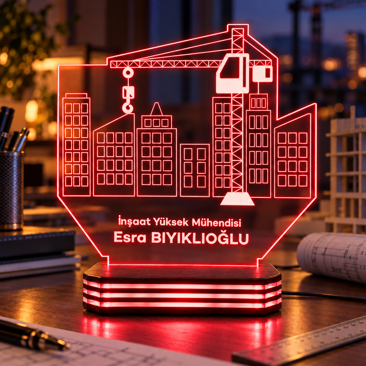 İnşaat Mühendisine Özel İsimli Gece Lambası — kirmizi