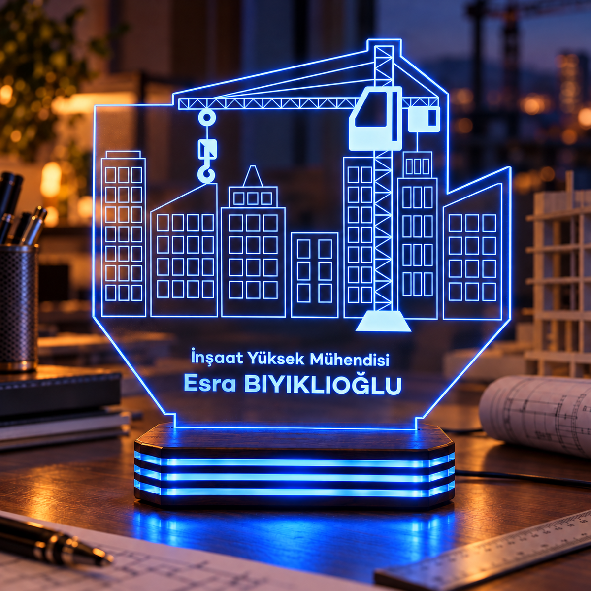 İnşaat Mühendisine Özel İsimli Gece Lambası — mavi