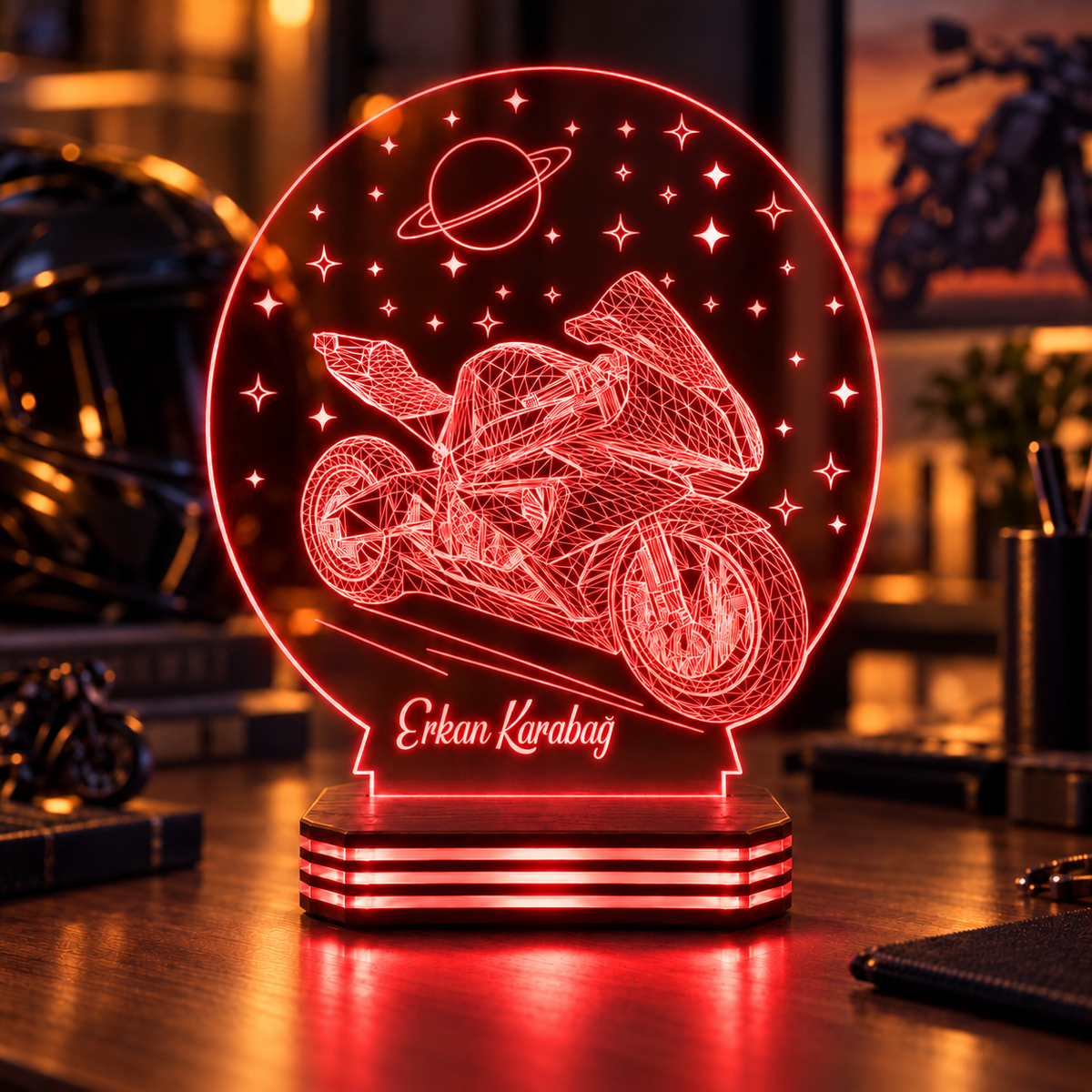İsme Özel Motosiklet ve Uzay Gece Lambası — kirmizi