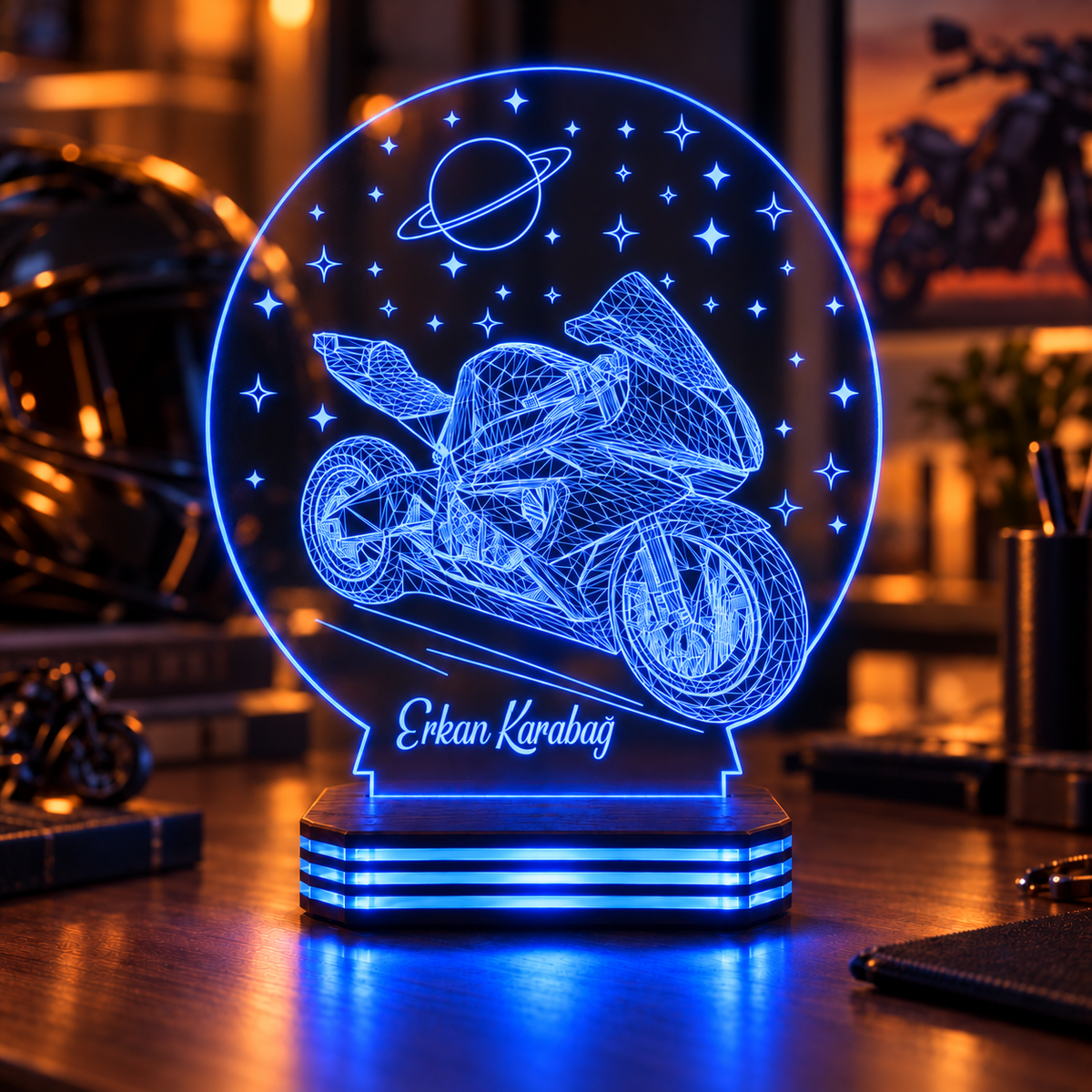İsme Özel Motosiklet ve Uzay Gece Lambası — mavi