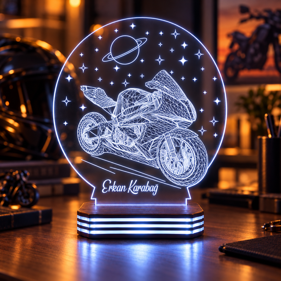 İsme Özel Motosiklet ve Uzay Gece Lambası