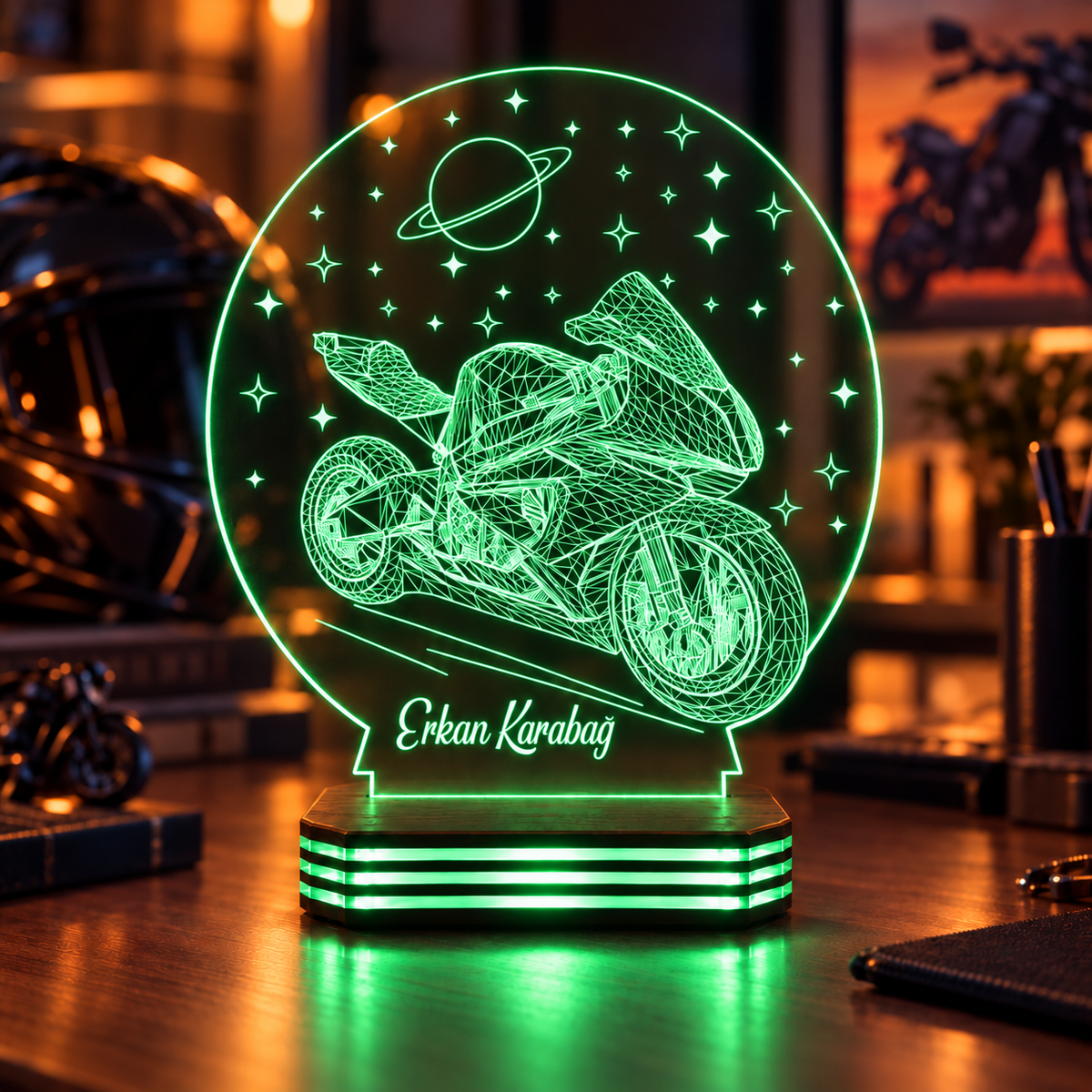 İsme Özel Motosiklet ve Uzay Gece Lambası — yesil