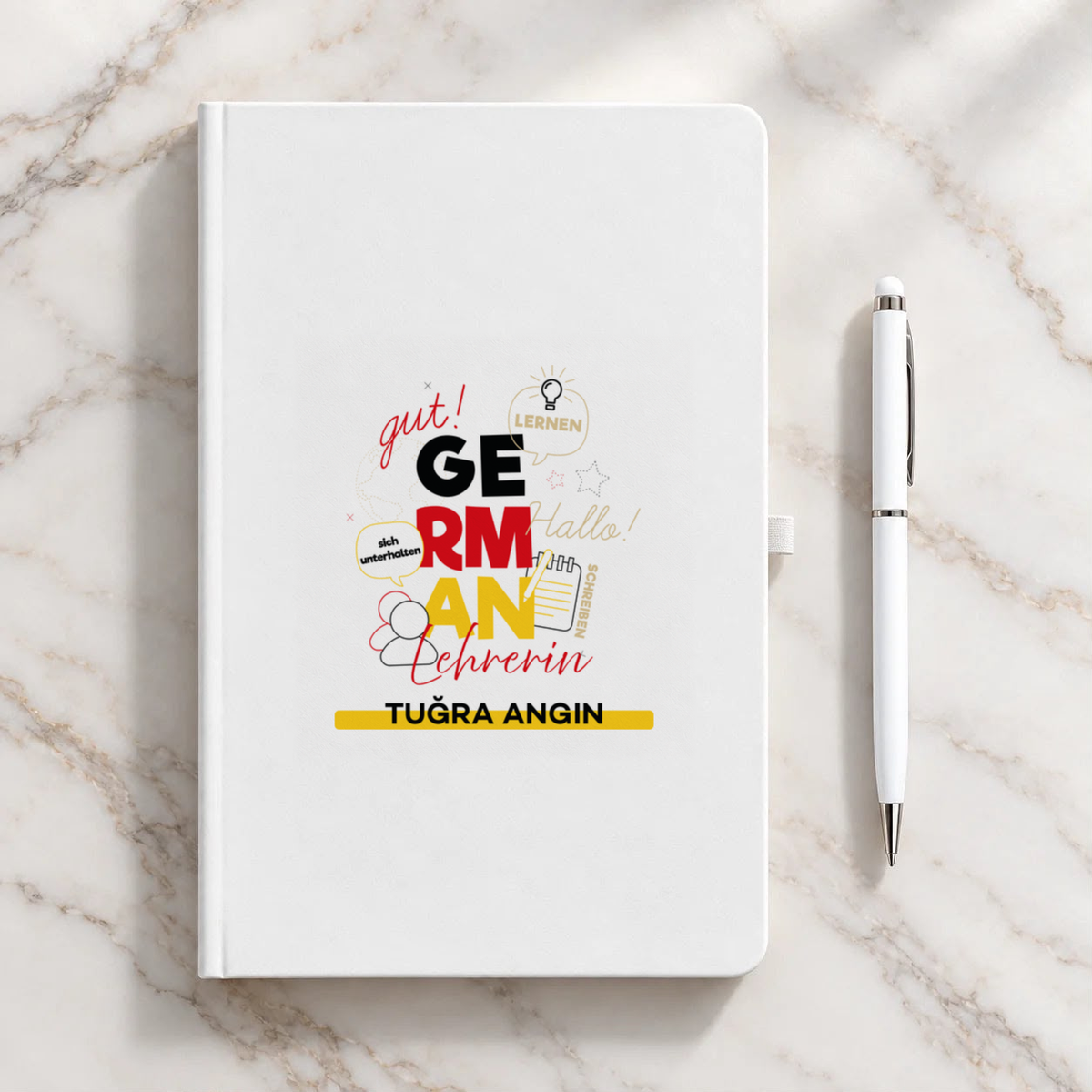 Almanca öğretmenine isme özel beyaz defter kalem seti ustten kisiye ozel hediye tasarim 2