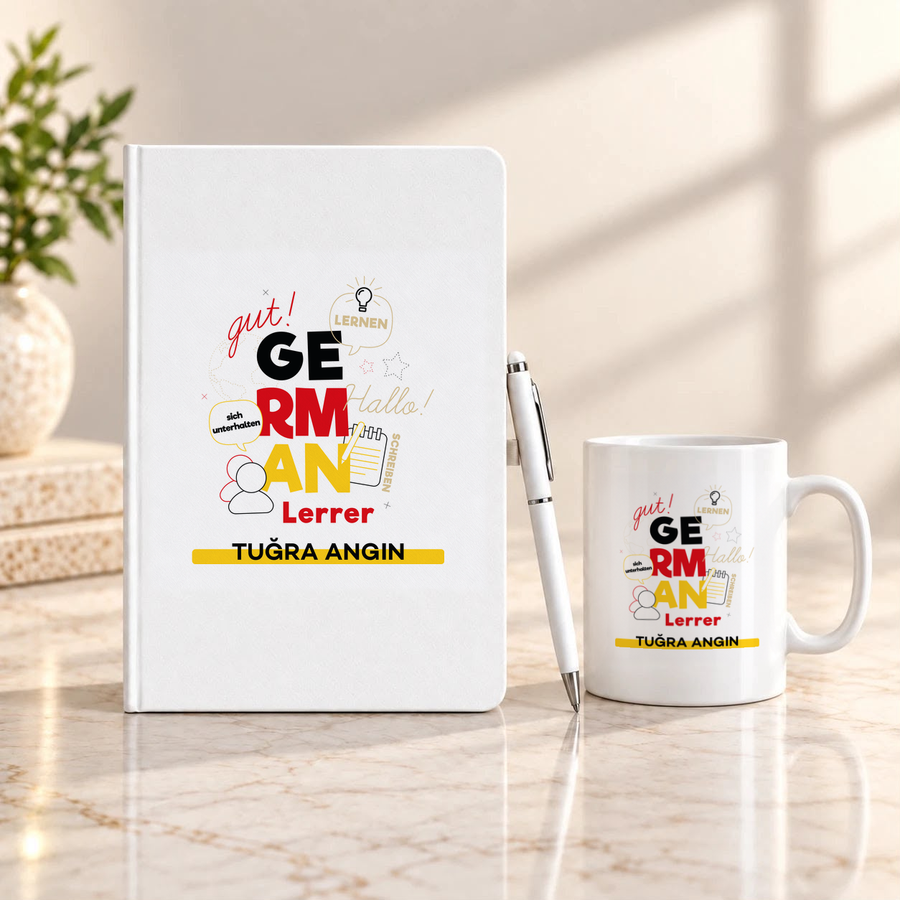 Almanca Öğretmenine İsme Özel Defter Kalem ve Kupa Hediye Seti