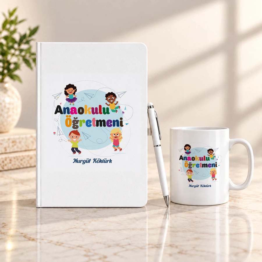 Anaokulu Öğretmenine İsme Özel Defter Kalem ve Kupa Hediye Seti