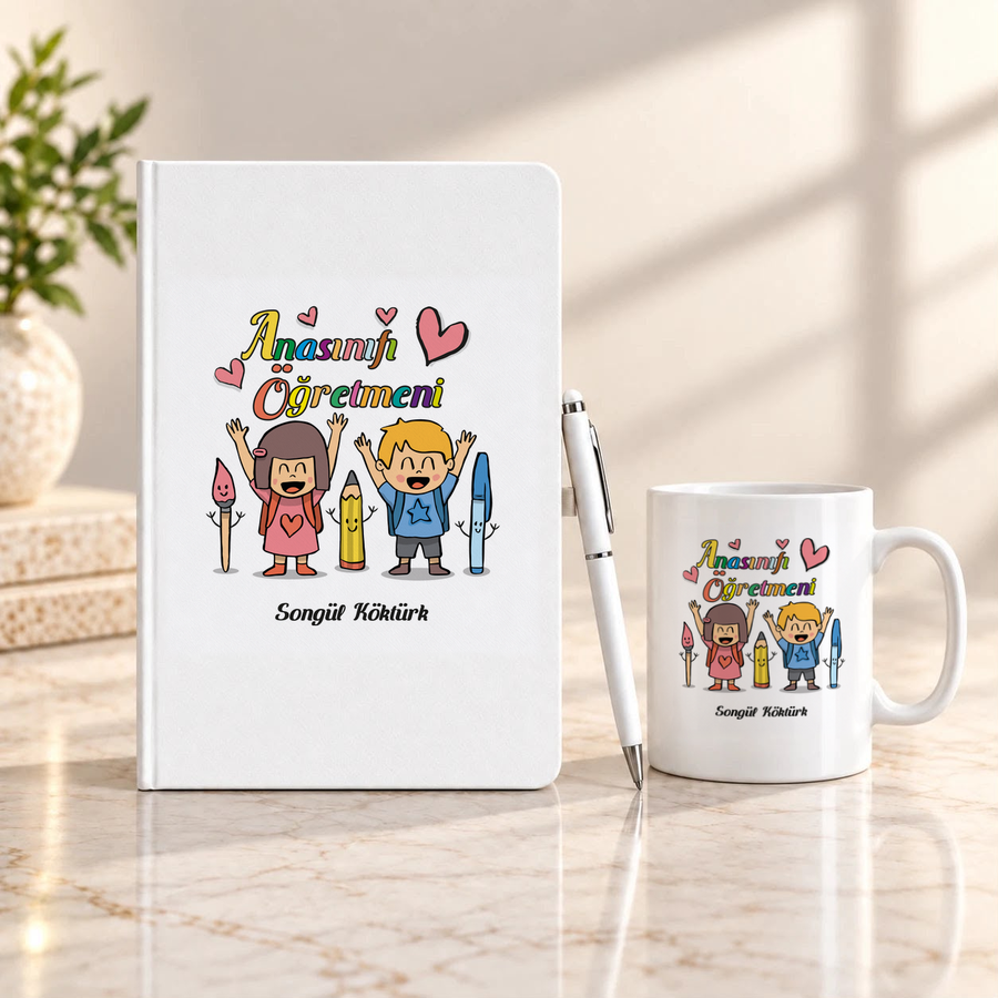 Anasınıfı Öğretmenine İsme Özel Defter Kalem ve Kupa Hediye Seti