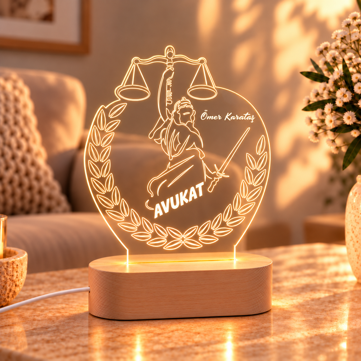 İsme Özel Avukat LED Gece Lambası - açılı görünüm