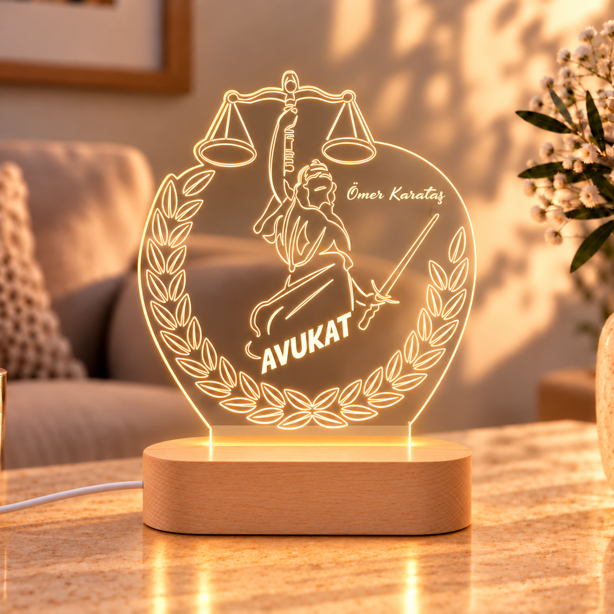 İsme Özel Avukat LED Gece Lambası - açık renk ahşap kaide, beyaz kablo ve sıcak ortam