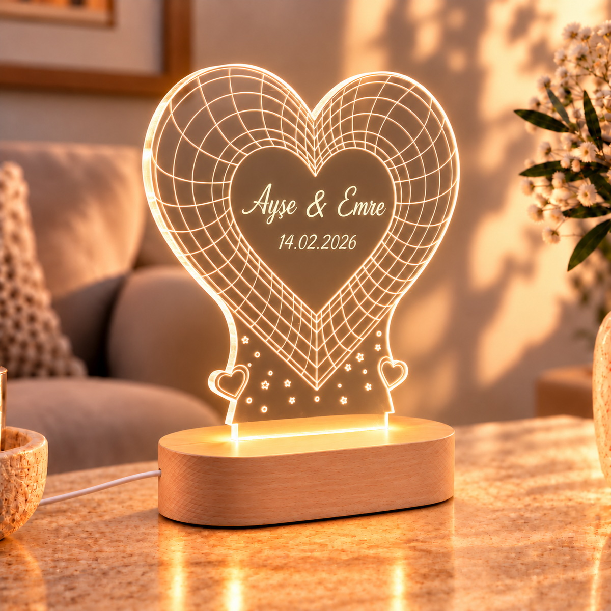 İsme Özel Balon Kalp LED Gece Lambası - farklı açıdan şeffaf plaka ve ahşap kaide