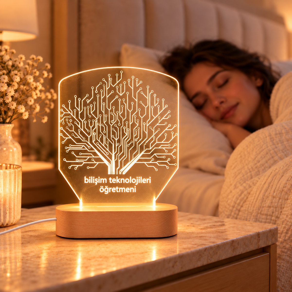 Bilişim Teknolojileri öğretmenine özel LED gece lambası, komodin üzerinde sıcak ışıklı kullanım