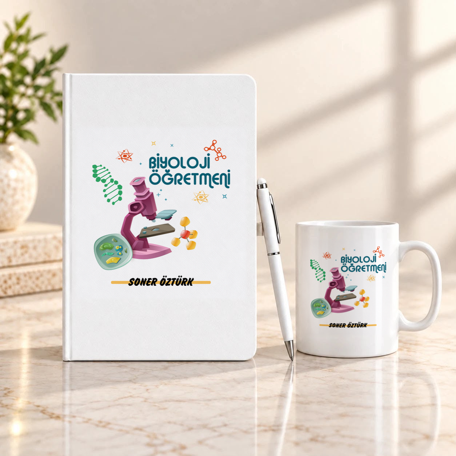 Biyoloji Öğretmenine İsme Özel Defter Kalem ve Kupa Hediye Seti