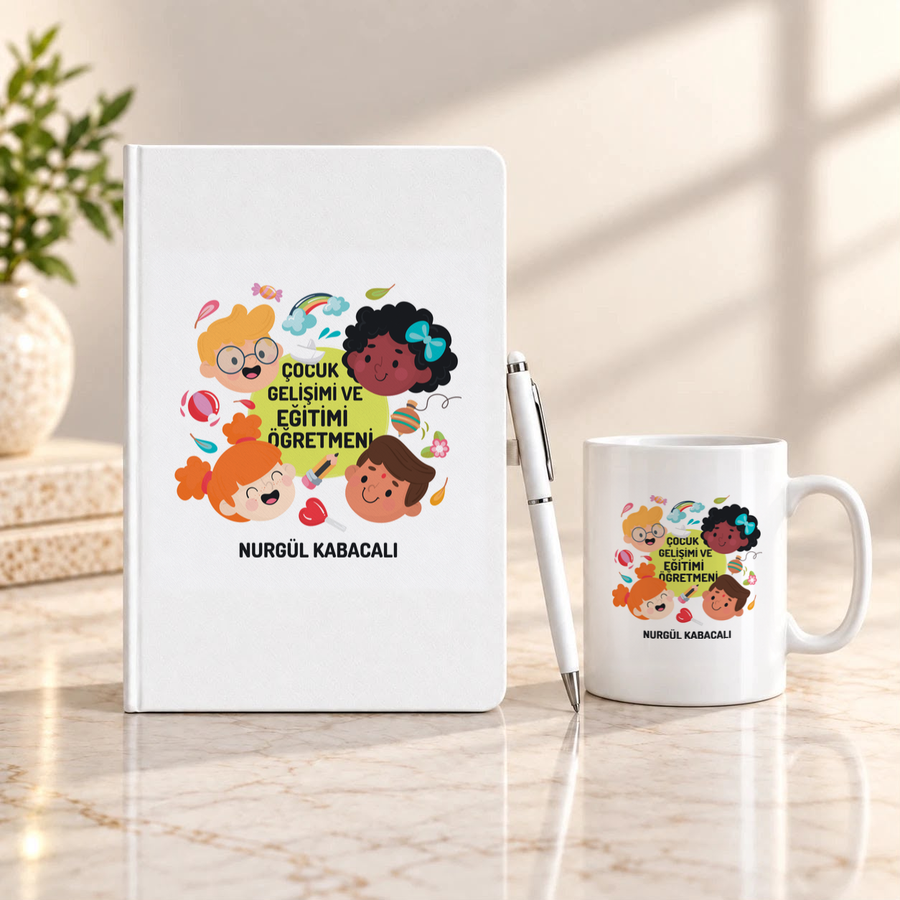 Çocuk Gelişimi ve Öğretmenine İsme Özel Defter Kalem ve Kupa Hediye Seti