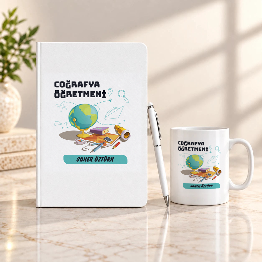 Coğrafya Öğretmenine İsme Özel Defter Kalem ve Kupa Hediye Seti