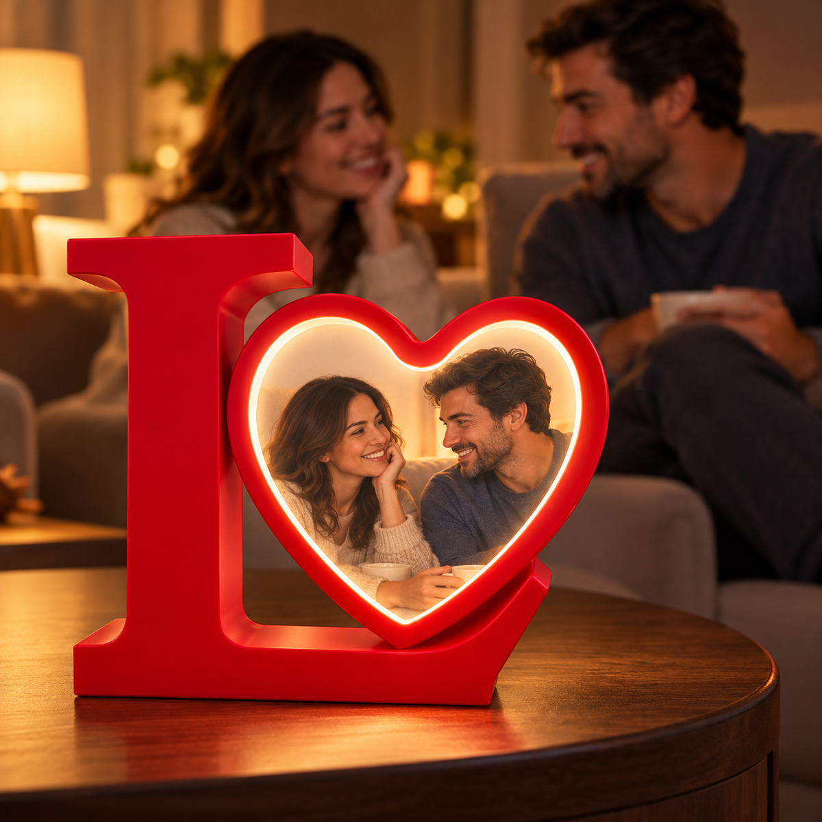 Kalpli Love Sihirli Ayna LED Fotoğraf Çerçevesi – loş ortamda masaüstü kullanım örneği