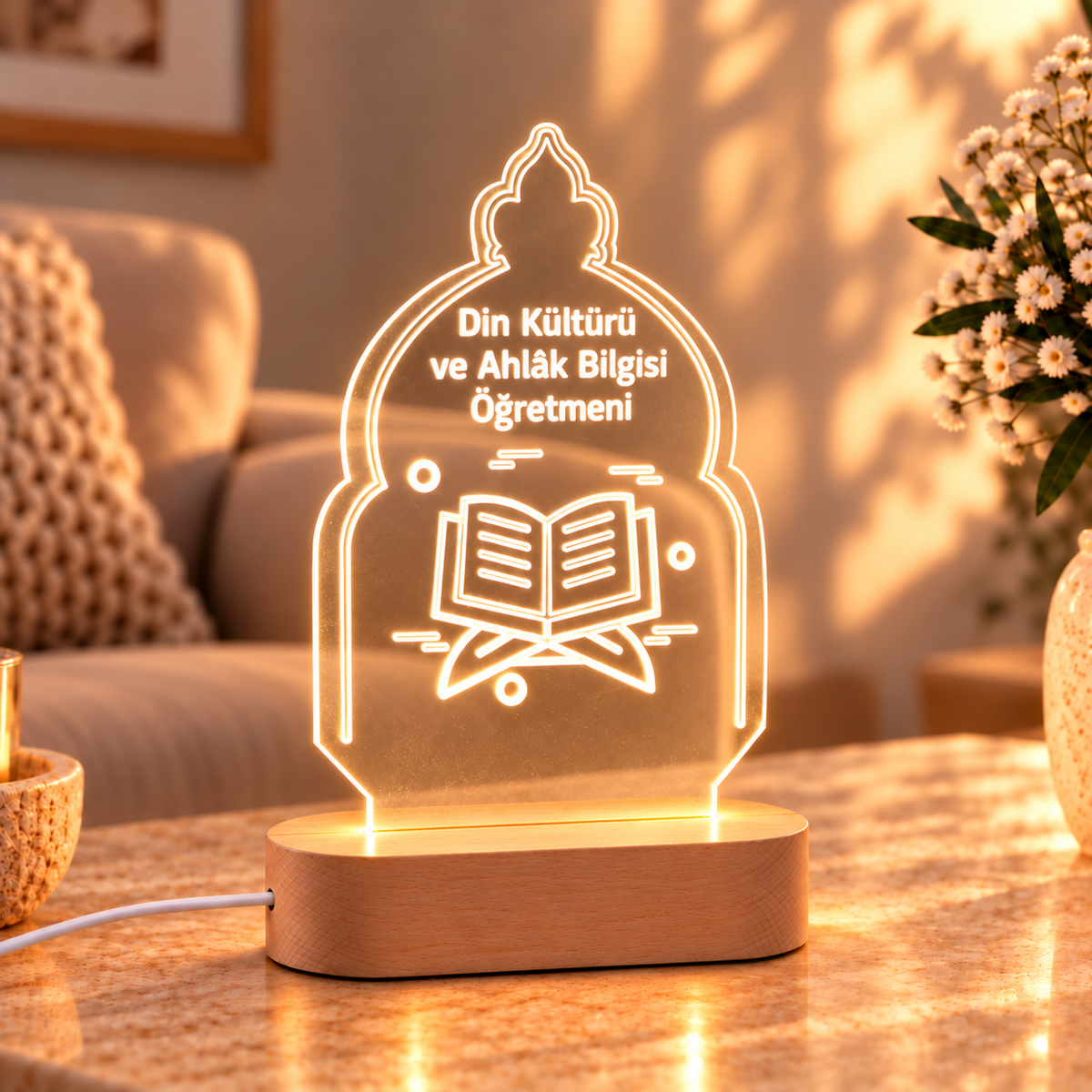 Din Kültürü ve Ahlak Bilgisi öğretmenine özel LED gece lambası, sıcak ortamda ahşap kaideli görünüm