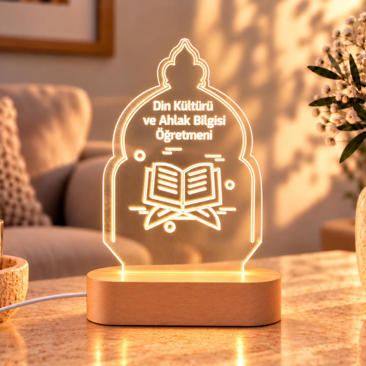 Din Kültürü ve Ahlak Bilgisi öğretmenine özel LED gece lambası – Öğretmenler Günü hediyesi, açık renk ahşap kaide