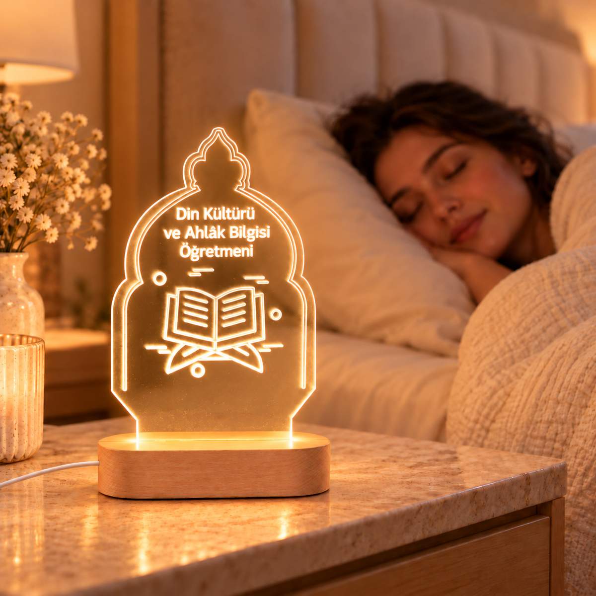 Din Kültürü ve Ahlak Bilgisi öğretmenine özel LED gece lambası, komodin üzerinde sıcak ışıklı kullanım
