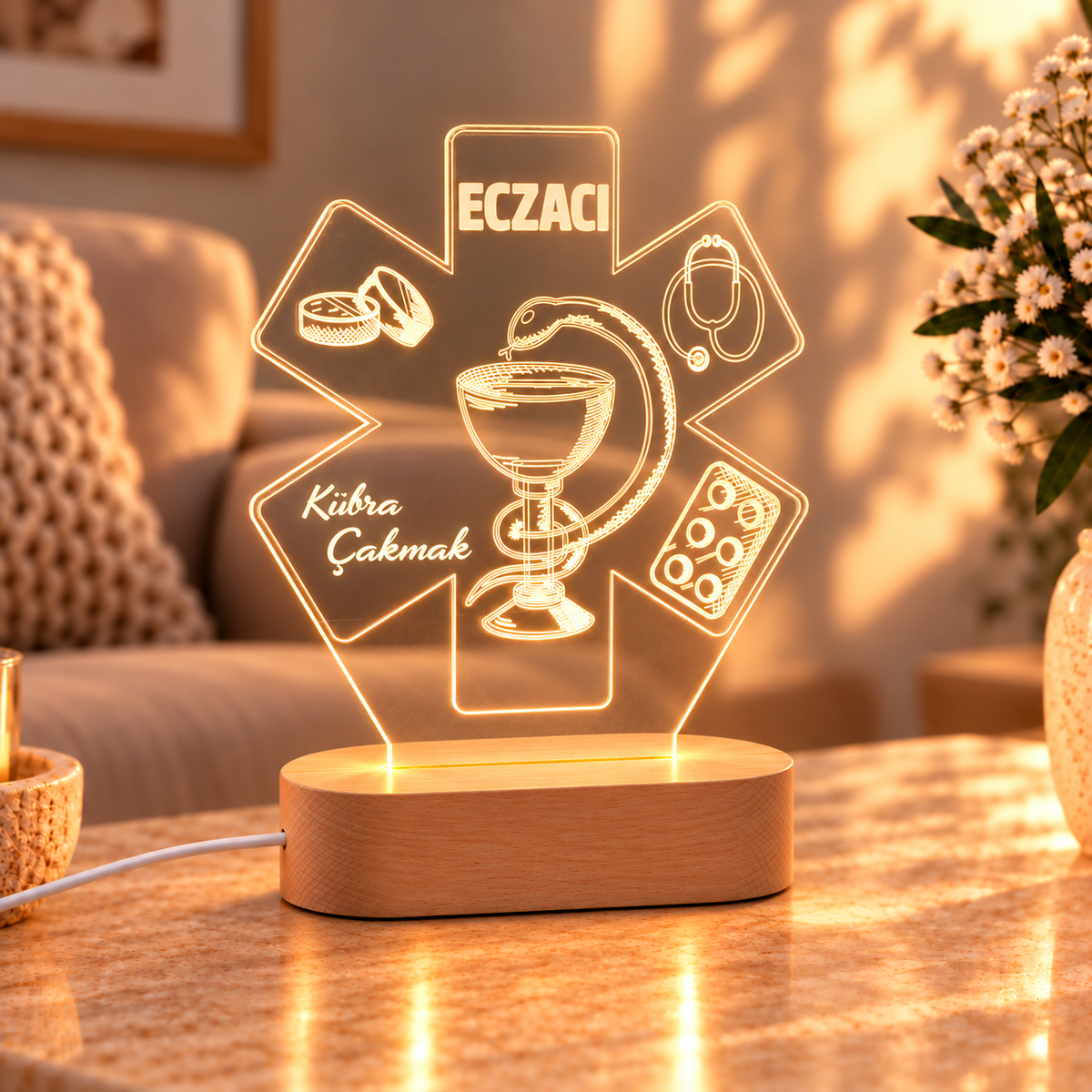 İsme Özel Eczacı LED Gece Lambası – açılı görünüm