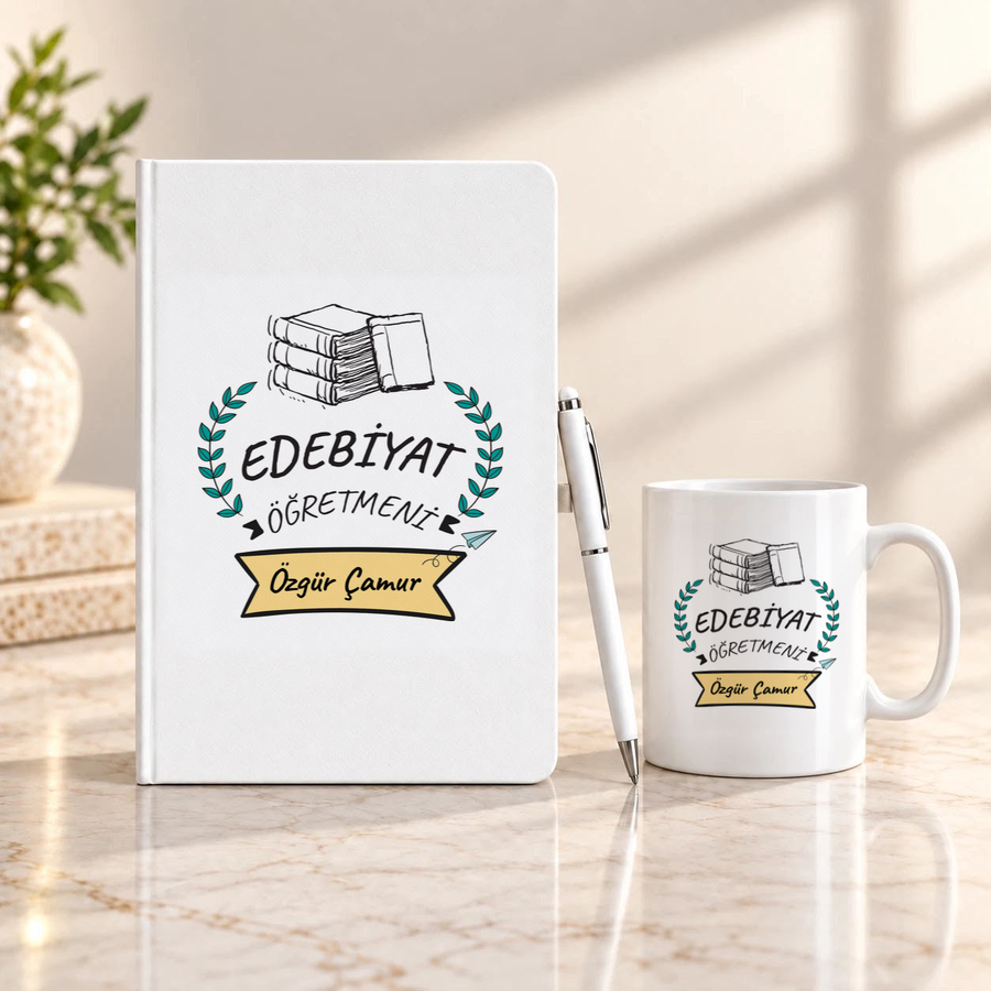 Edebiyat Öğretmenine İsme Özel Defter Kalem ve Kupa Hediye Seti