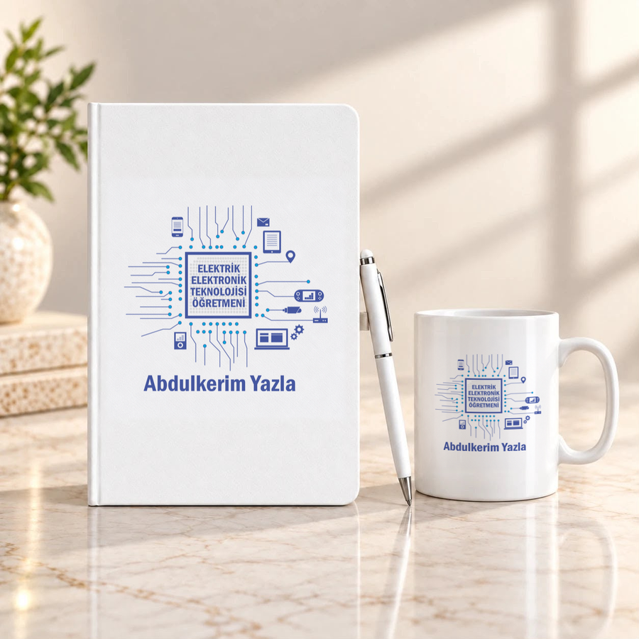 Elektrik Elektronik Teknolojisi Öğretmenine İsme Özel Defter Kalem ve Kupa Hediye Seti