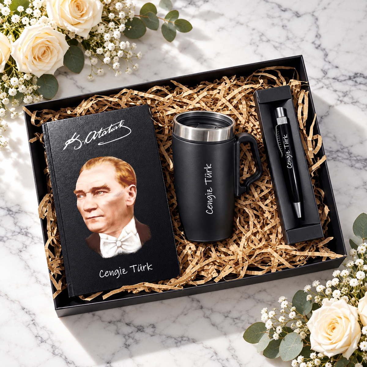 Öğretmenler Günü İçin Kişiye Özel Atatürk Portreli Defter, Termos Kupa ve Kalem Hediye Seti