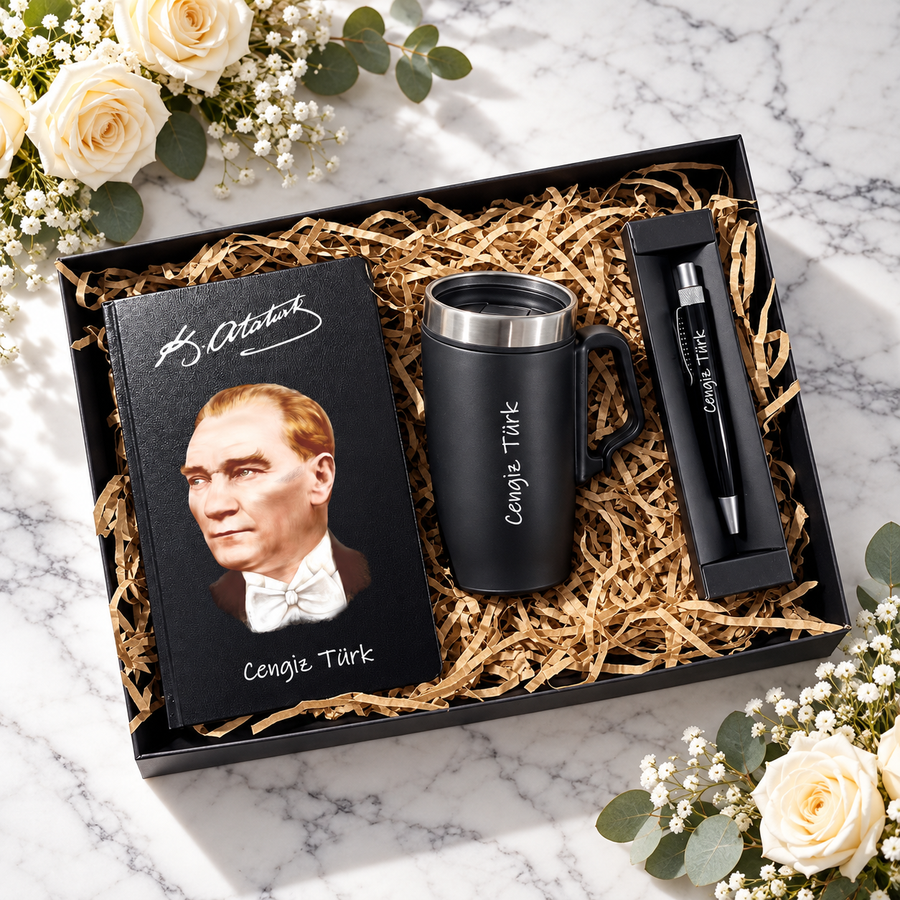 Öğretmenler Günü İçin Kişiye Özel Atatürk Portreli Defter, Termos Kupa ve Kalem Hediye Seti