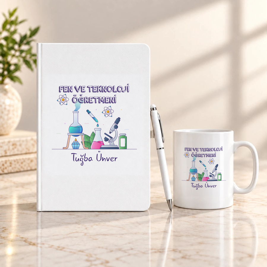 Fen ve Teknoloji Öğretmenine İsme Özel Defter Kalem ve Kupa Hediye Seti
