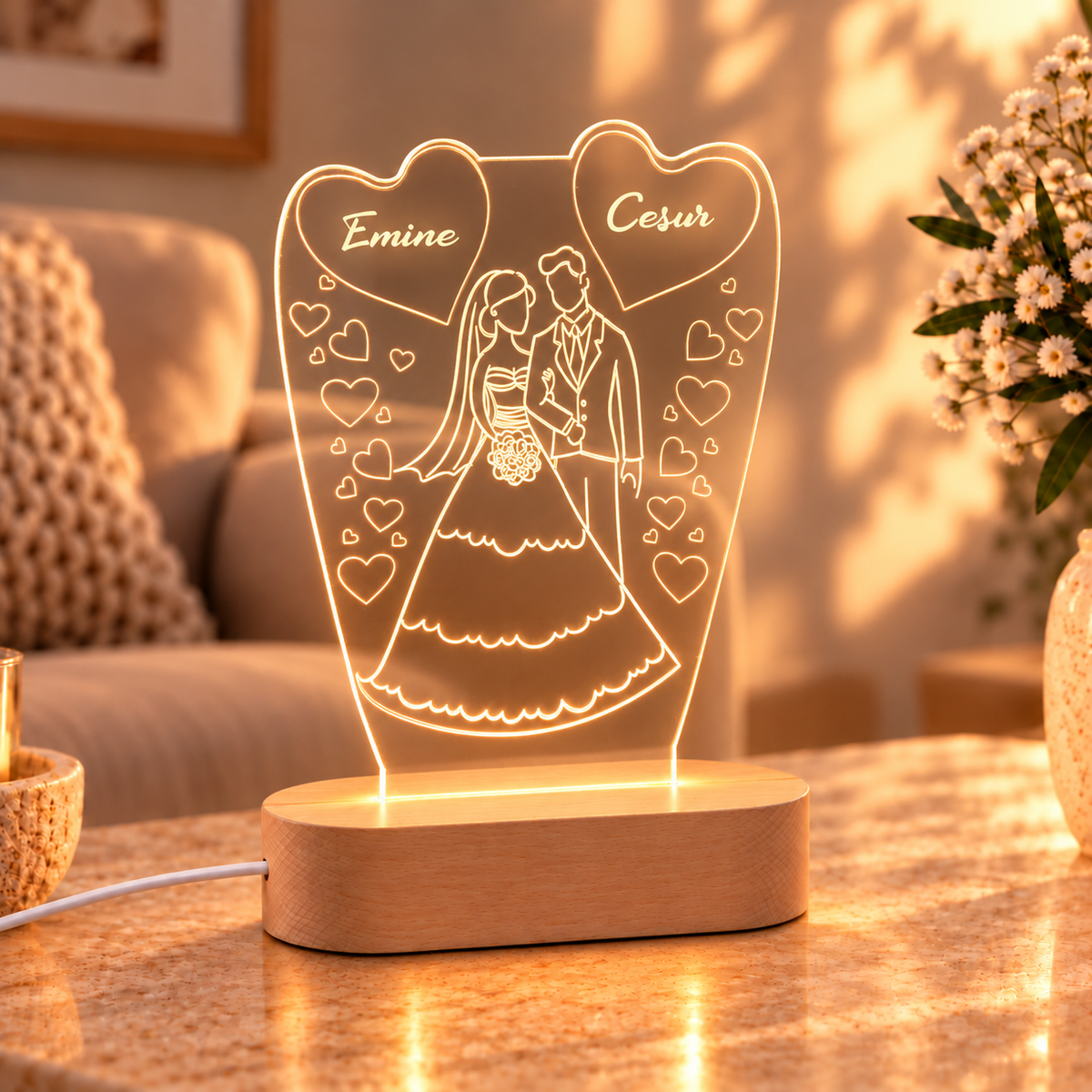 İsme Özel Gelin Damat LED Gece Lambası – açılı görünüm